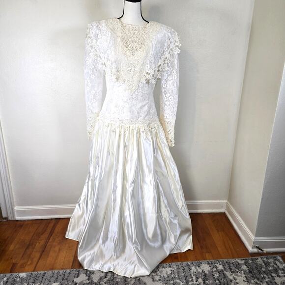 Vintage Jessica McClintock Bridal Gown 16 Cream Satin Embroidered Lace Romantic - Picture 1 of 16